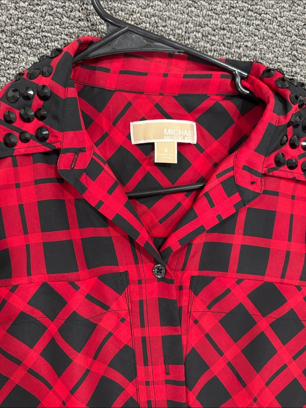 MICHAEL Michael Kors Red and Black Plaid Studded-Collar Shirt